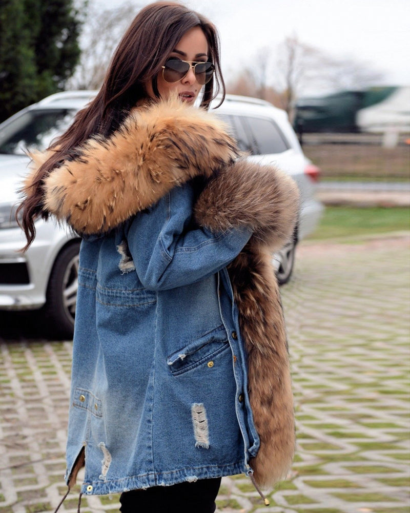 Trafni Casual Women Denim Jacket Long Faux Fur Jean Coat Hooded Parka Overcoat Plus Size S-XXXL-Mesadic