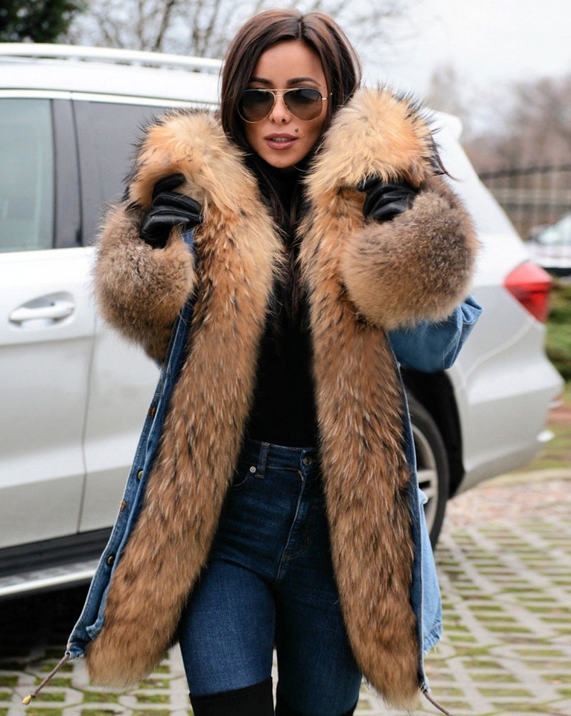 Trafni Casual Women Denim Jacket Long Faux Fur Jean Coat Hooded Parka Overcoat Plus Size S-XXXL-Mesadic