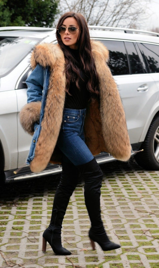 Trafni Casual Women Denim Jacket Long Faux Fur Jean Coat Hooded Parka Overcoat Plus Size S-XXXL-Mesadic