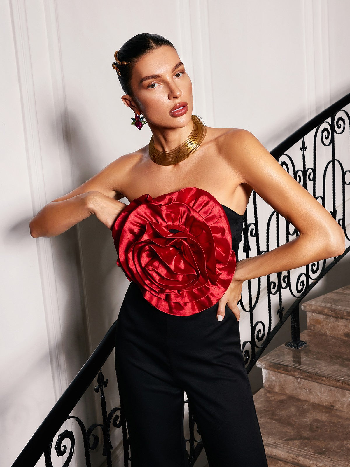 Dunja Strapless Flower Jumpsuit In Black-Mesadic