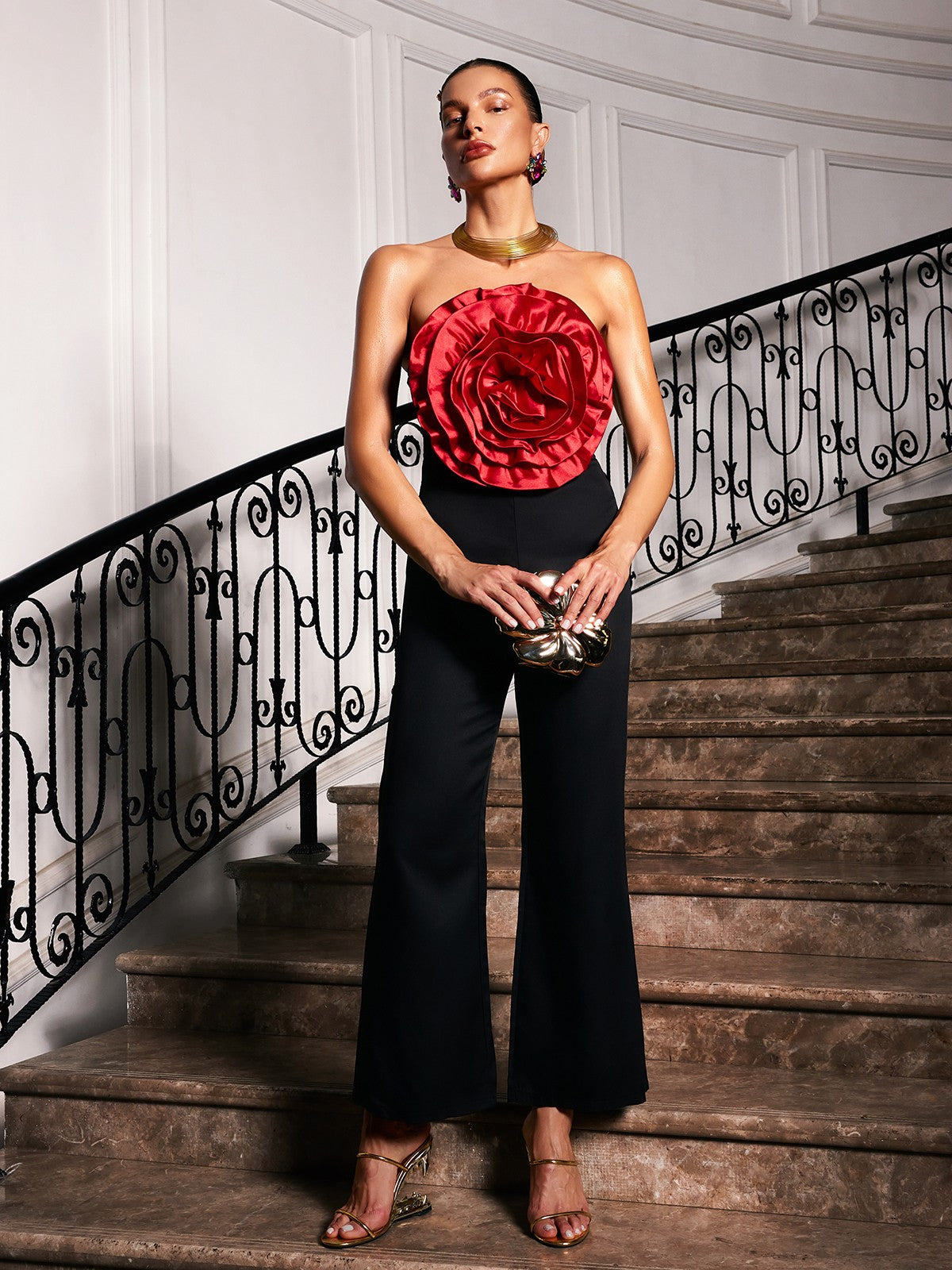 Dunja Strapless Flower Jumpsuit In Black-Mesadic