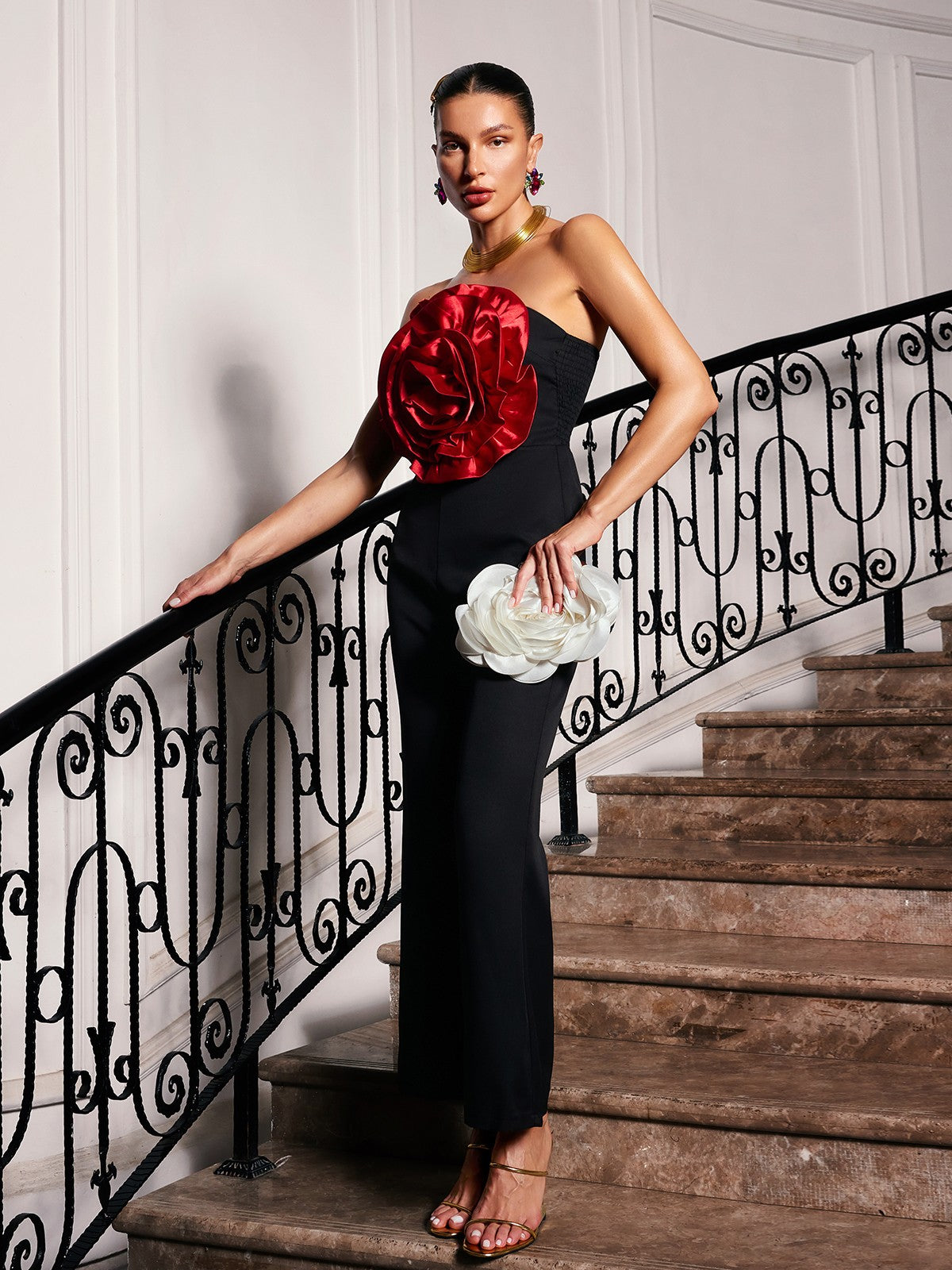 Dunja Strapless Flower Jumpsuit In Black-Mesadic