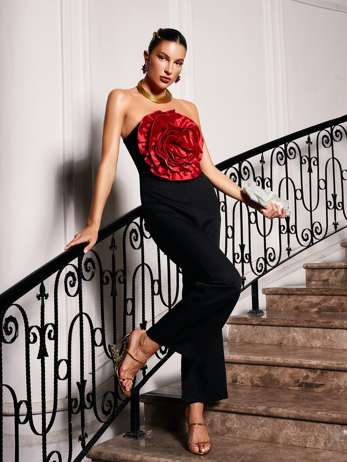 Dunja Strapless Flower Jumpsuit In Black-Mesadic