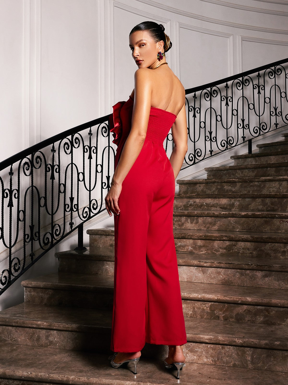 Dunja Strapless Flower Jumpsuit In Red-Mesadic