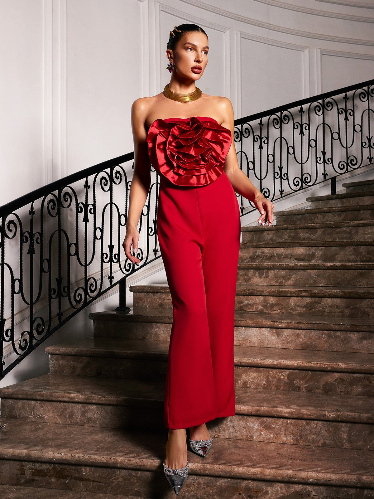 Dunja Strapless Flower Jumpsuit In Red-Mesadic