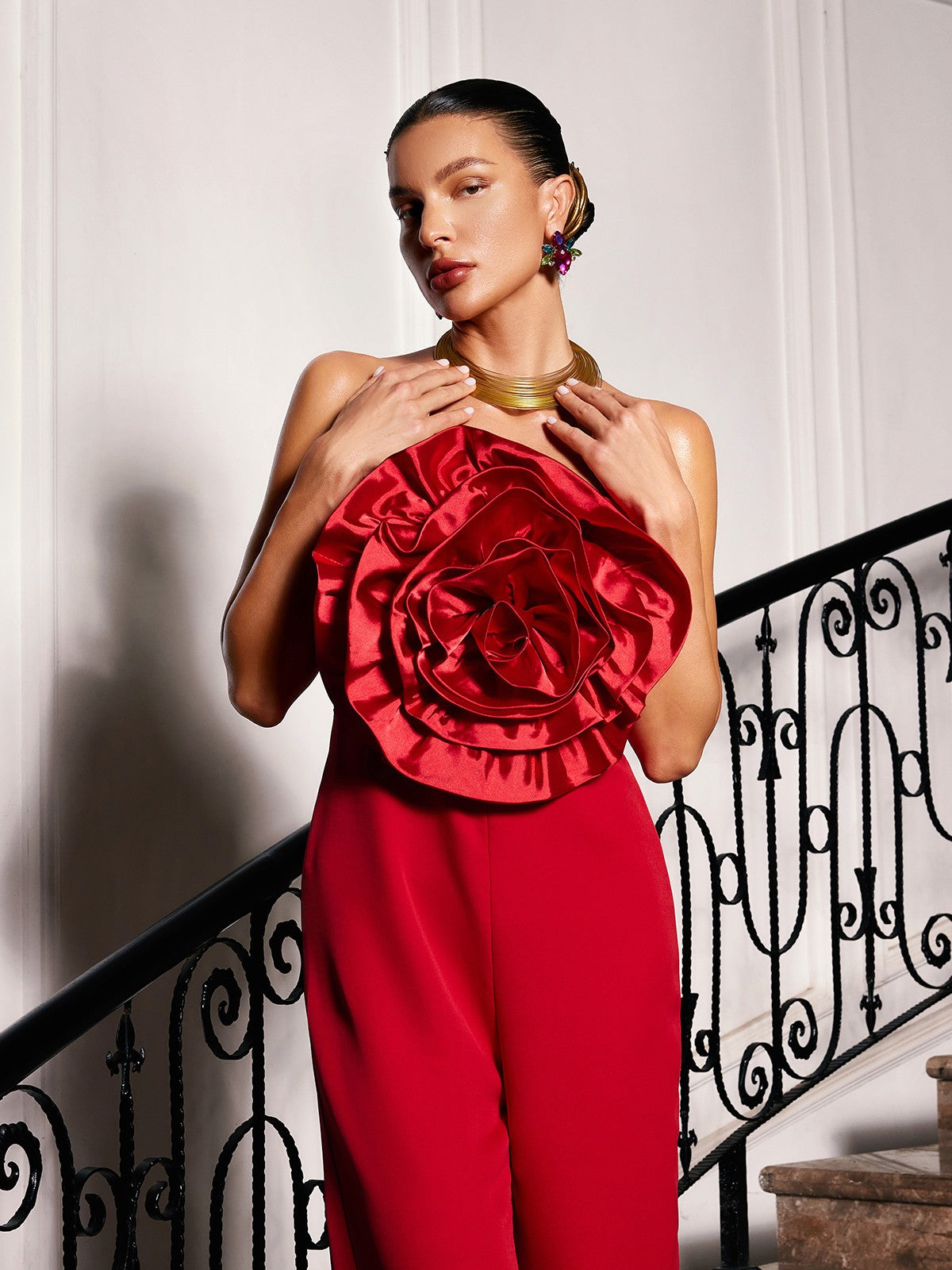 Dunja Strapless Flower Jumpsuit In Red-Mesadic