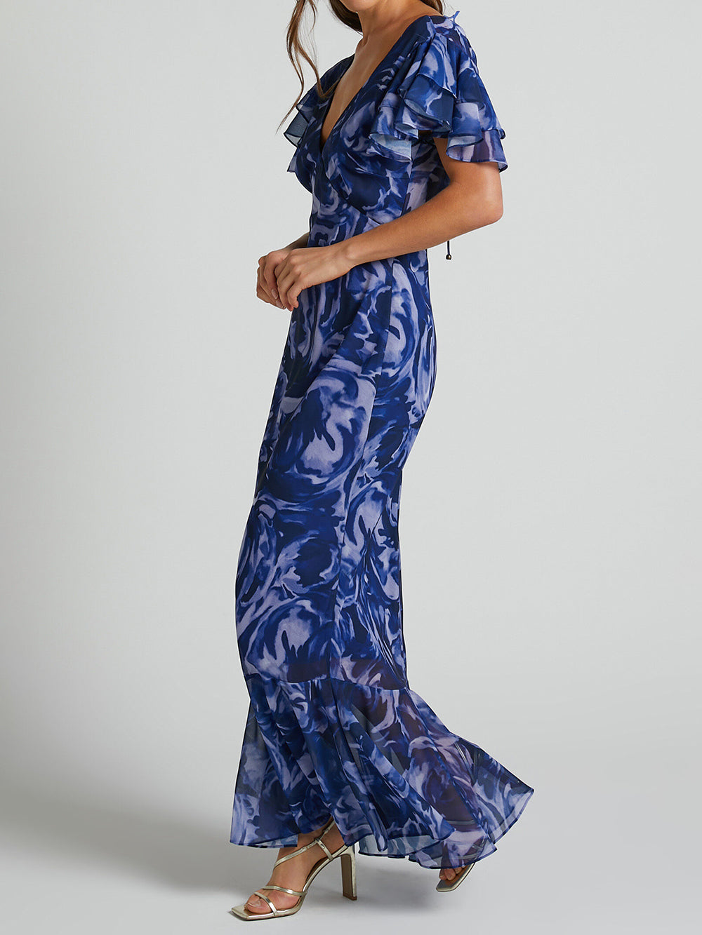 V Neck Flutter Sleeve Maxi Dress In Navy Swirl-CALLISTARI