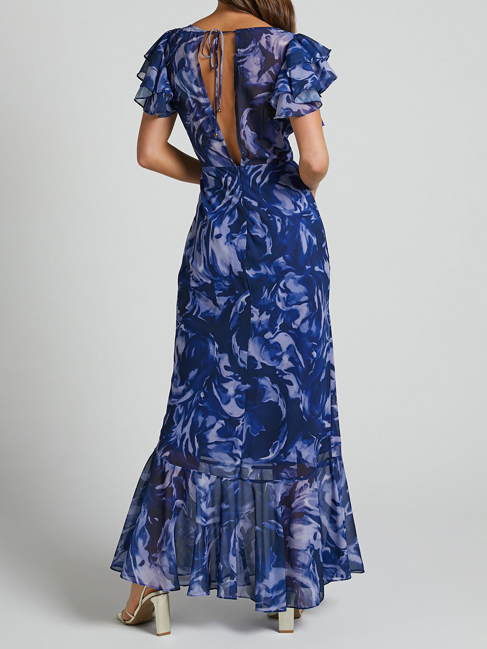 V Neck Flutter Sleeve Maxi Dress In Navy Swirl-CALLISTARI