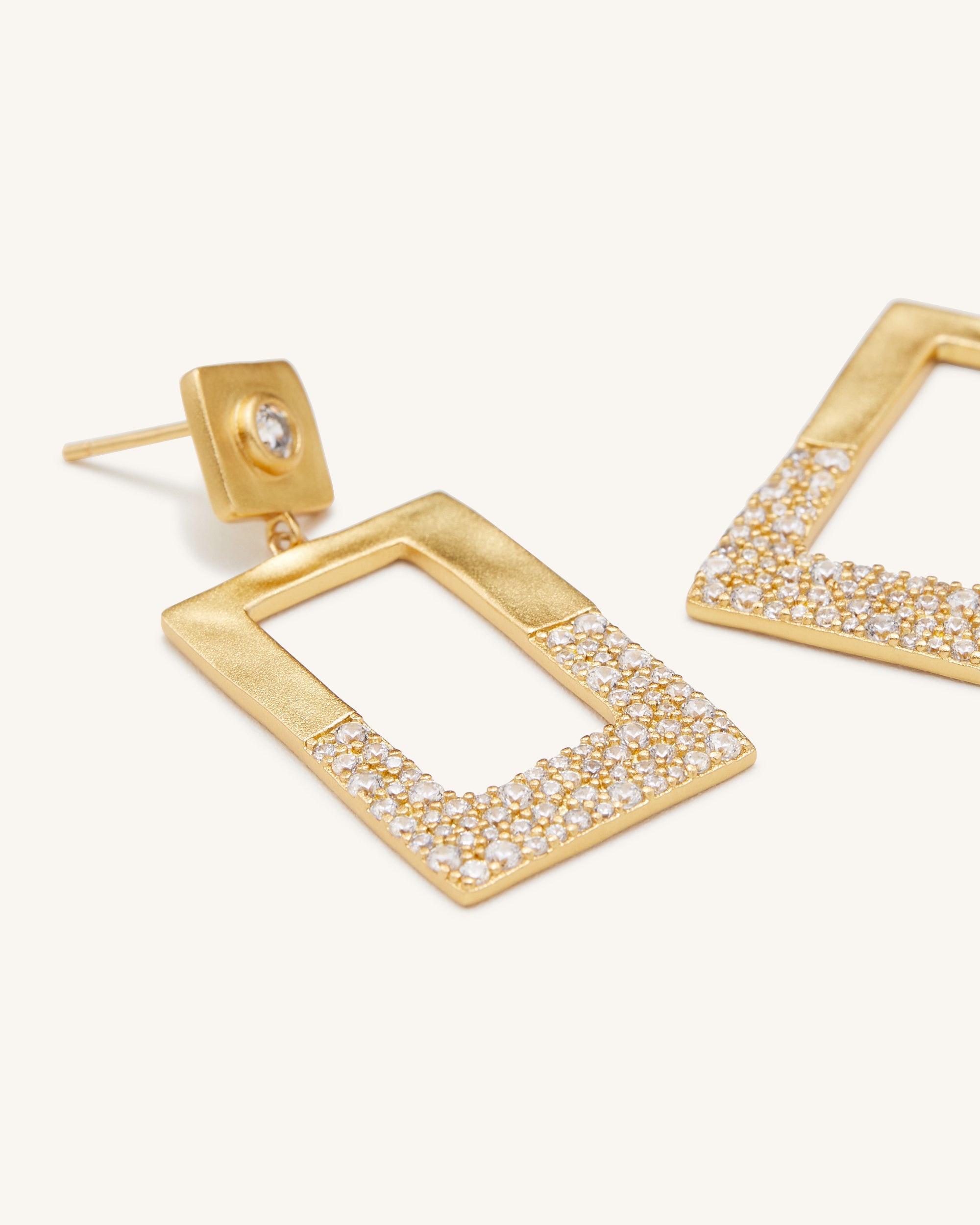Geometrical Openwork Rectangle Earrings - 18ct Gold Plated & White Zircon-Mesadic