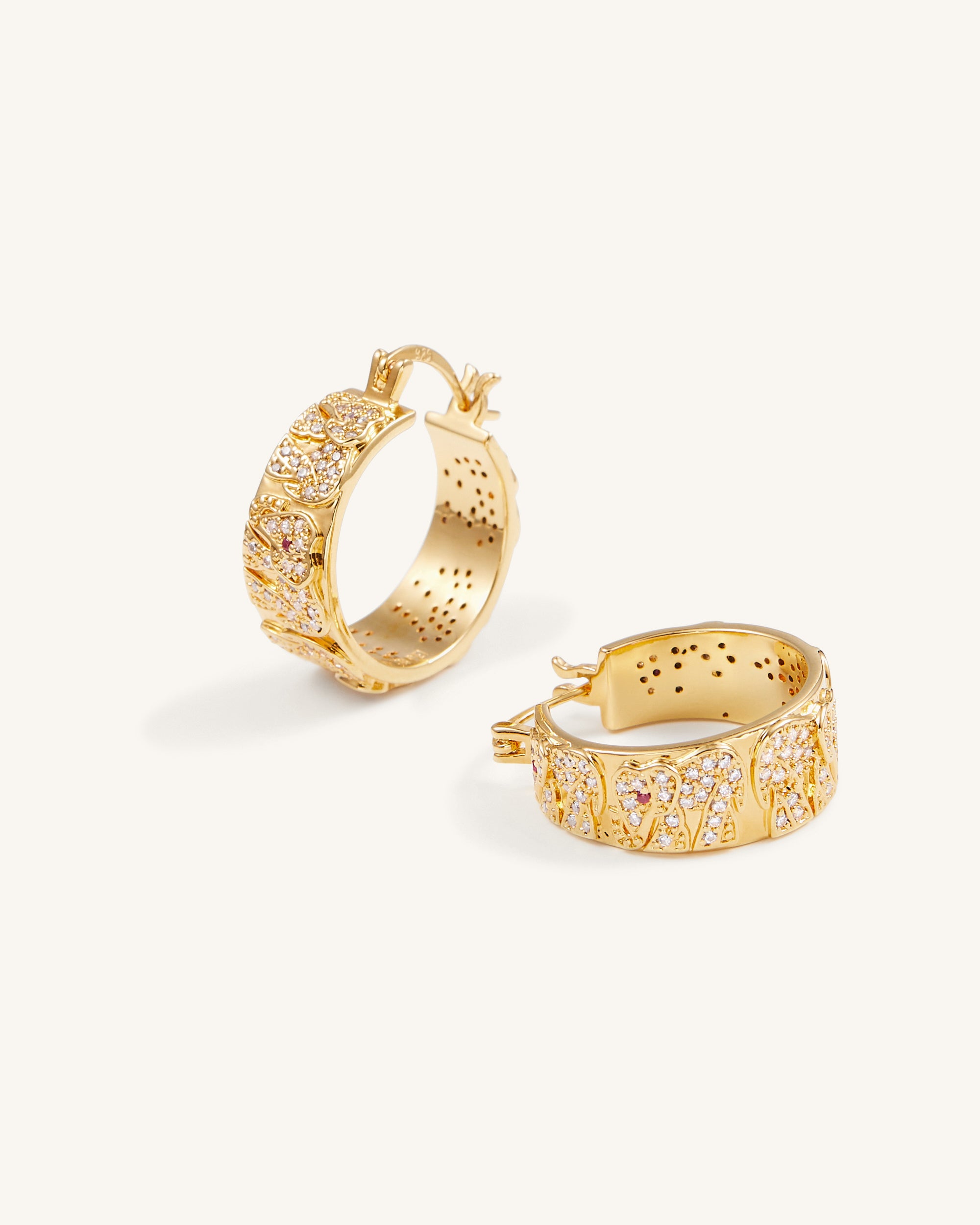 Elephant Earrings - 18ct Gold Plated & White Zircon & Red Corundum-Mesadic