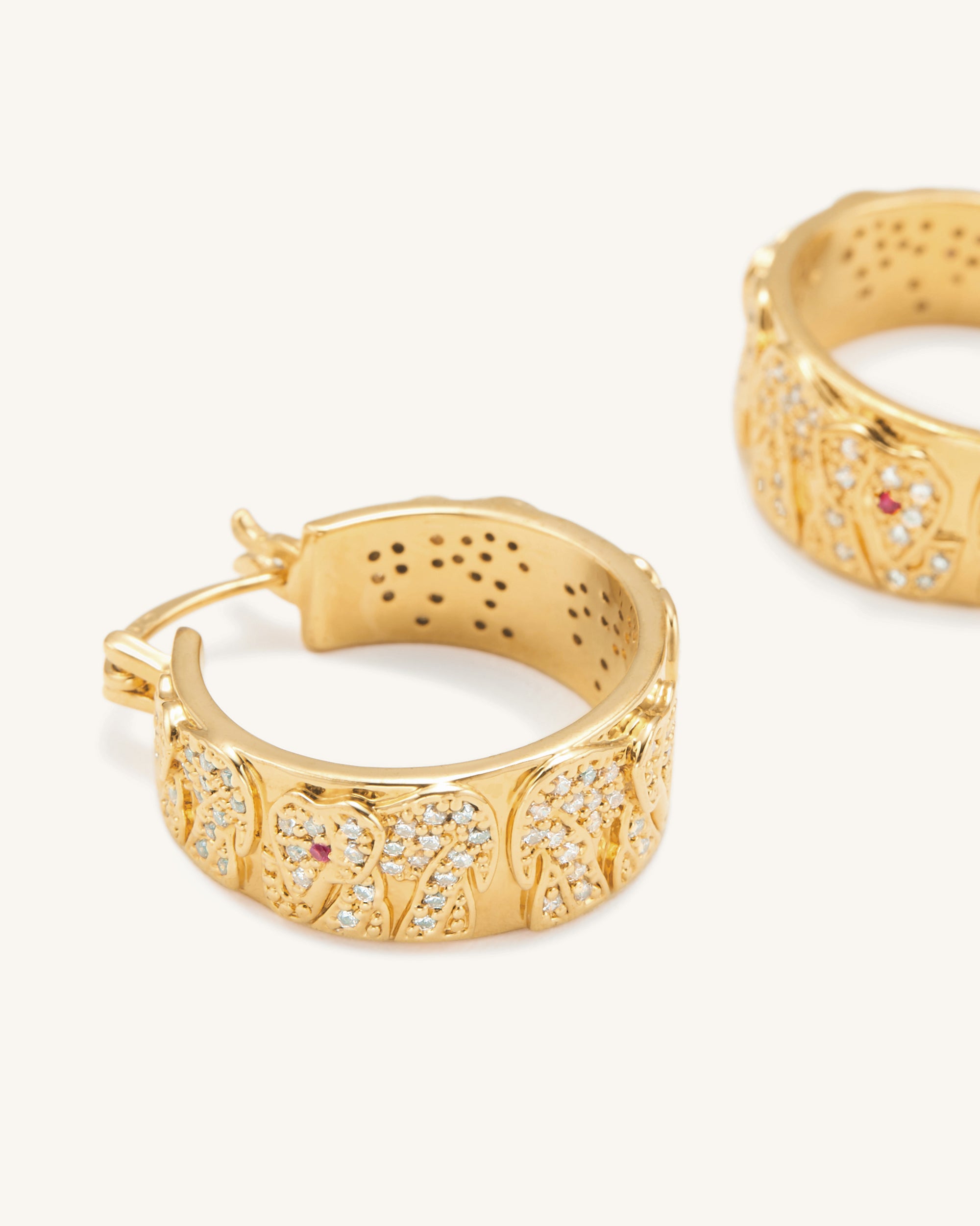 Elephant Earrings - 18ct Gold Plated & White Zircon & Red Corundum-Mesadic
