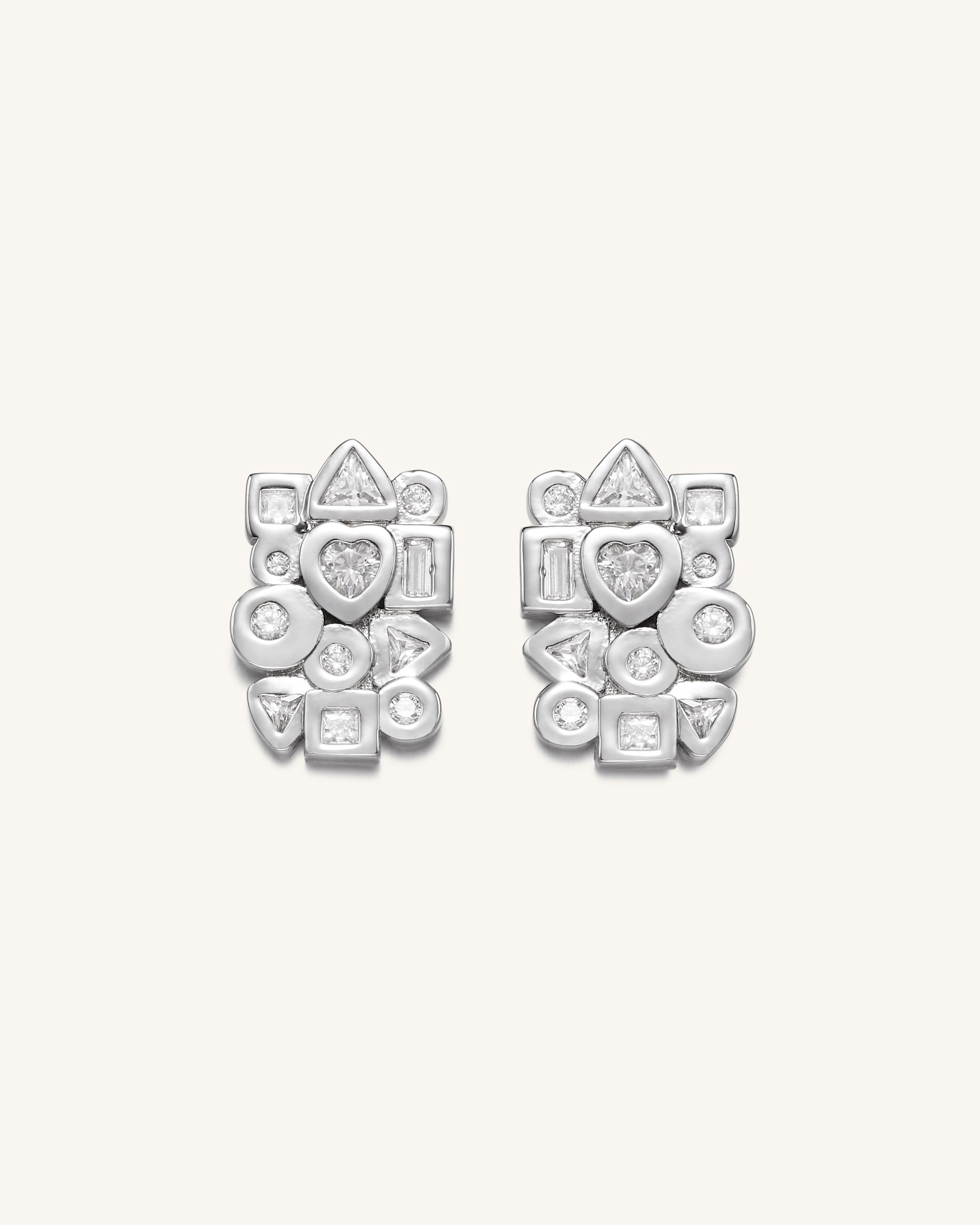 Geometrical Combination Earrings - 18ct White Gold Plated & White Zircon-Mesadic