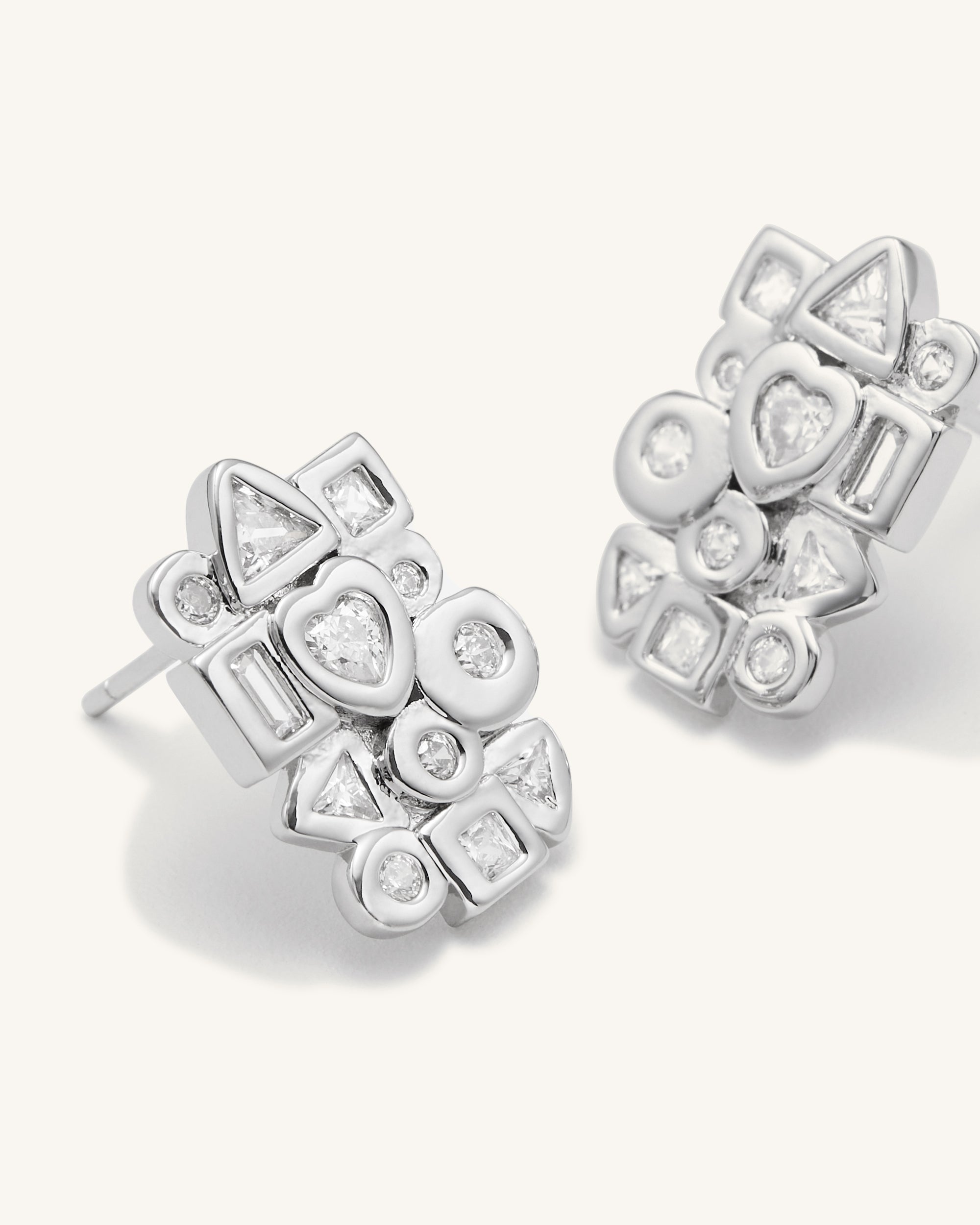 Geometrical Combination Earrings - 18ct White Gold Plated & White Zircon-Mesadic