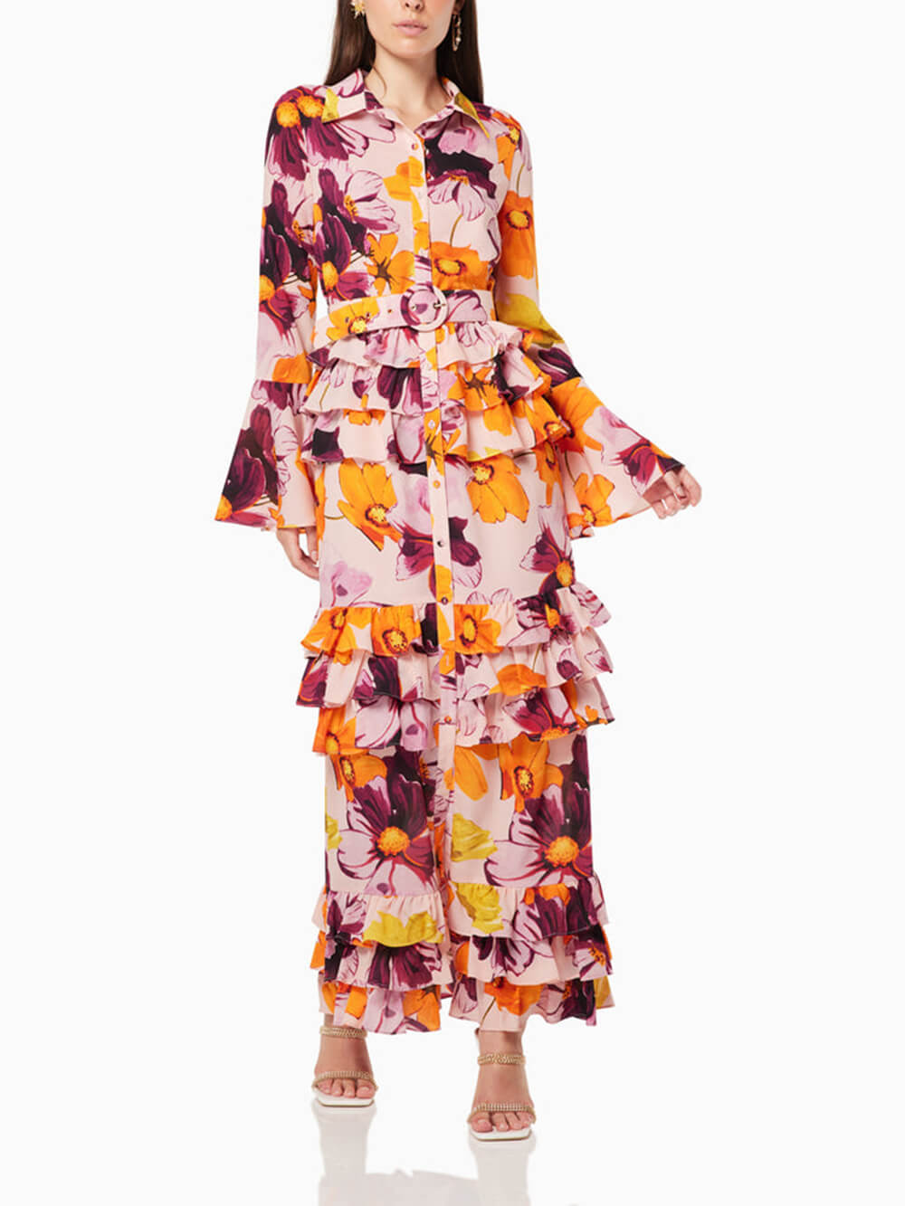 Floral Print Shirt Ruffle Cake Maxi Dress-CALLISTARI