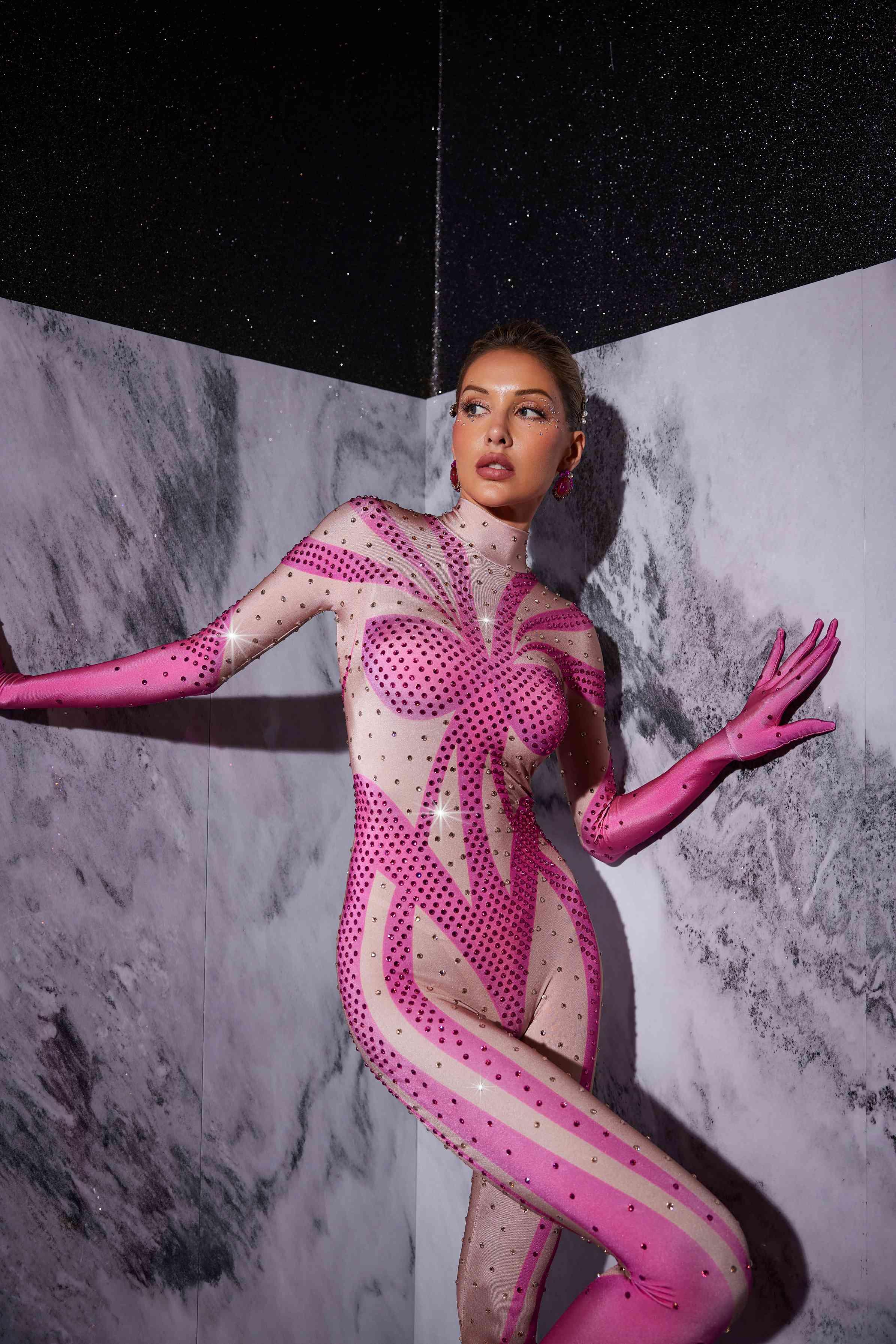 Fabian Rhinestone Printed Gloves Jumpsuit - Mew Mews