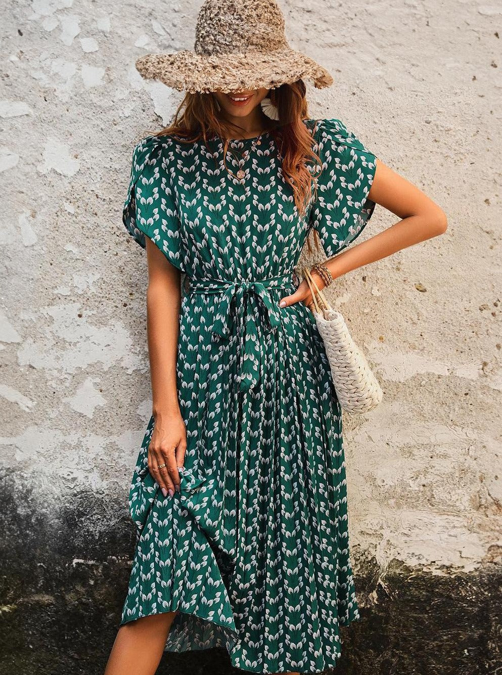 Floral Midi Dress Stretch Sash Jewel Neck Short Sleeves Bohemian-CALLISTARI