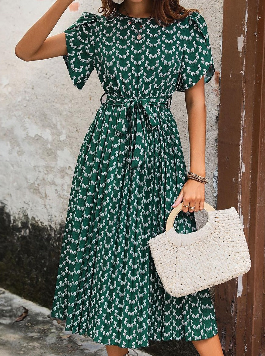 Floral Midi Dress Stretch Sash Jewel Neck Short Sleeves Bohemian-CALLISTARI