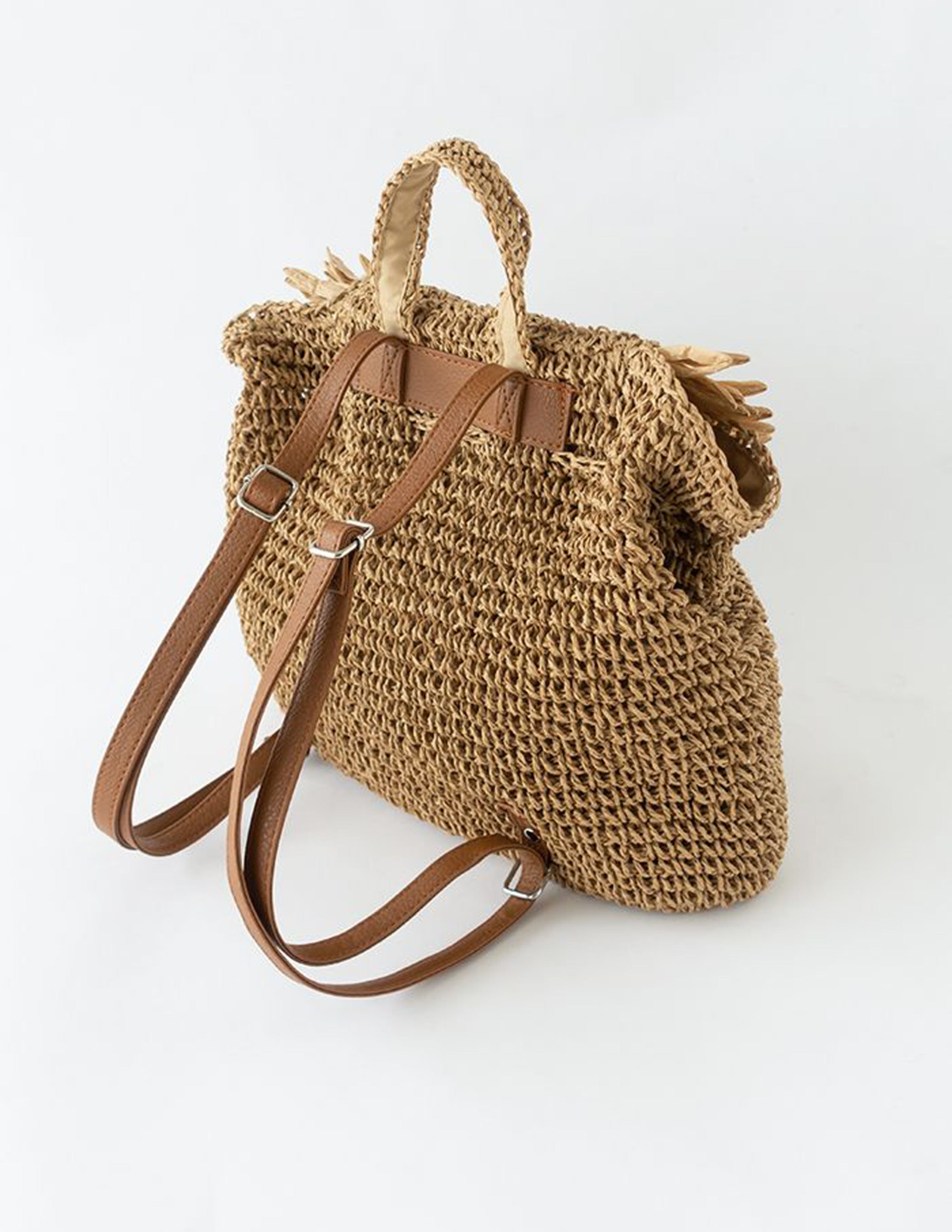 Caramel Fringed Trim Woven Straw Backpack-CALLISTARI