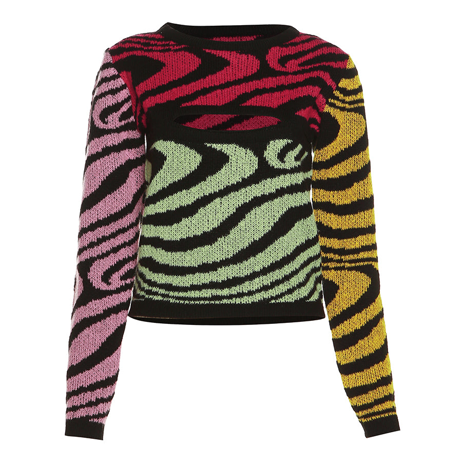 Autumn and Winter Knitted Sweater Color Blocking Women-Mesadic
