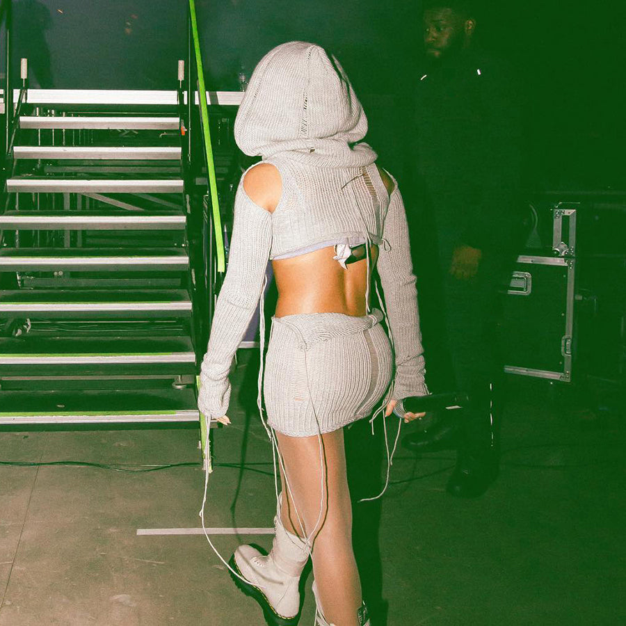 Full Sleeve Two Pieces Skirts Sets Knitted Ribbons 2 Piece Set Women Y2K Solid Hooded Women's Set-Mesadic