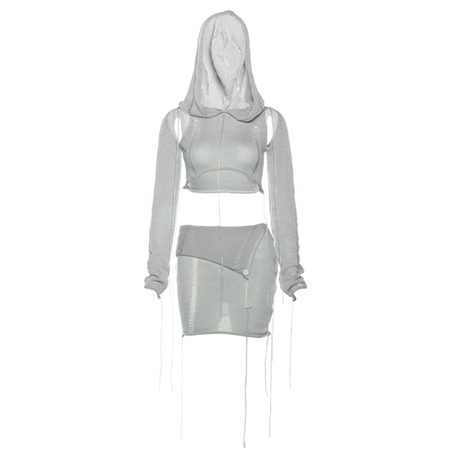 Full Sleeve Two Pieces Skirts Sets Knitted Ribbons 2 Piece Set Women Y2K Solid Hooded Women's Set-Mesadic