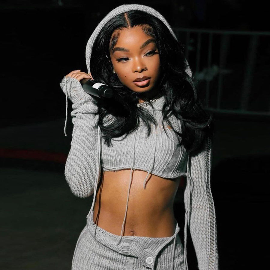 Full Sleeve Two Pieces Skirts Sets Knitted Ribbons 2 Piece Set Women Y2K Solid Hooded Women's Set-Mesadic