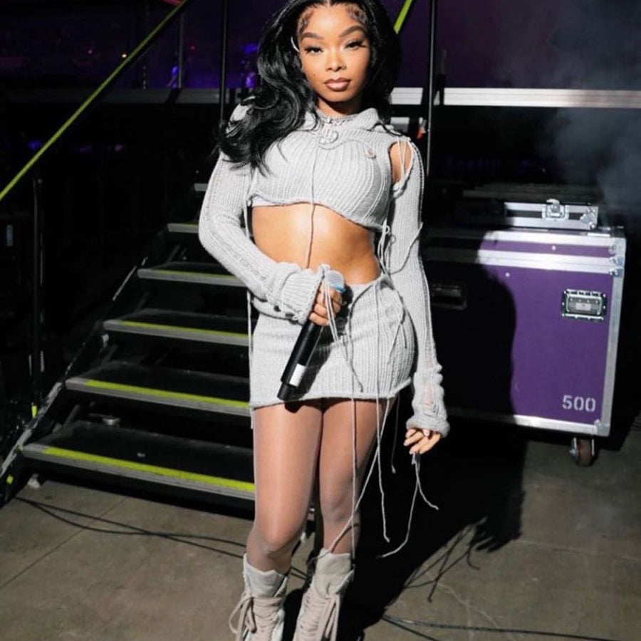 Full Sleeve Two Pieces Skirts Sets Knitted Ribbons 2 Piece Set Women Y2K Solid Hooded Women's Set-Mesadic