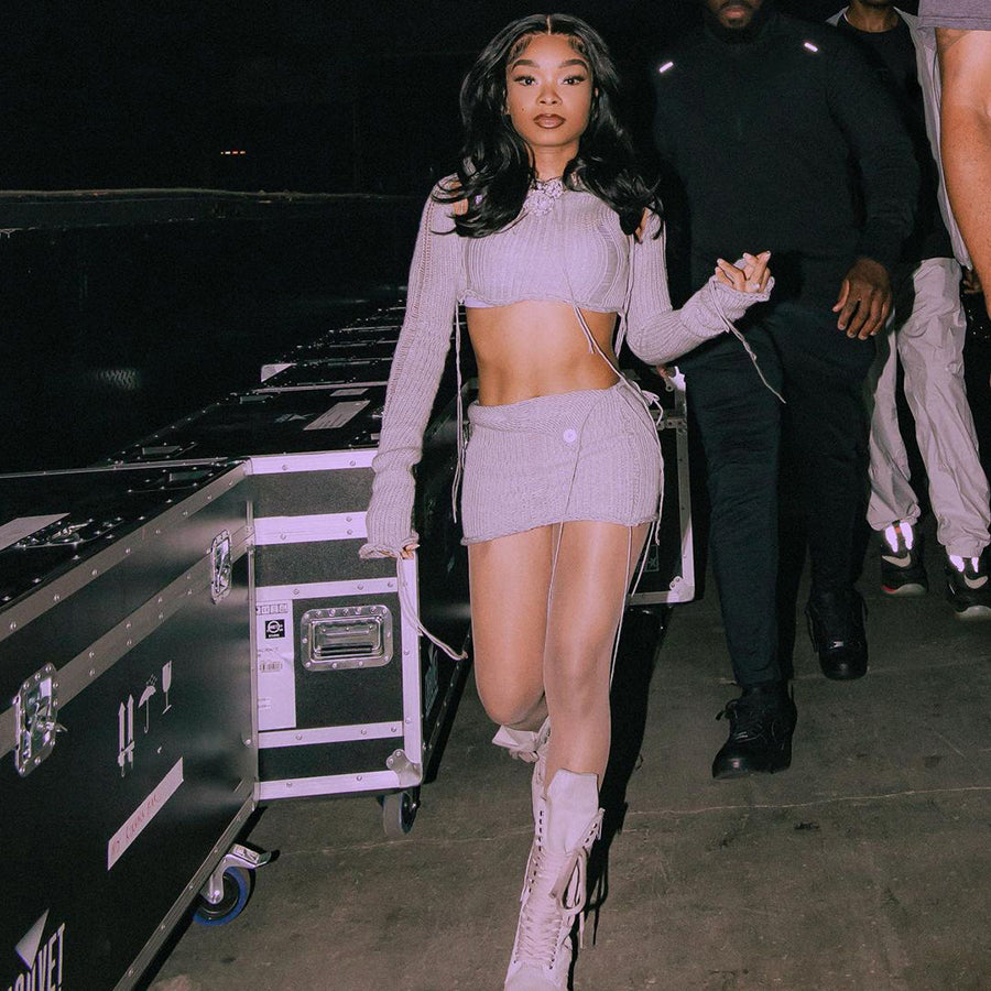 Full Sleeve Two Pieces Skirts Sets Knitted Ribbons 2 Piece Set Women Y2K Solid Hooded Women's Set-Mesadic