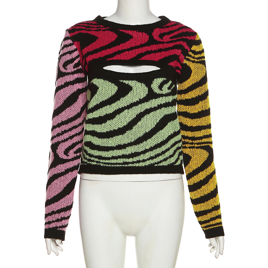 Autumn and Winter Knitted Sweater Color Blocking Women-Mesadic