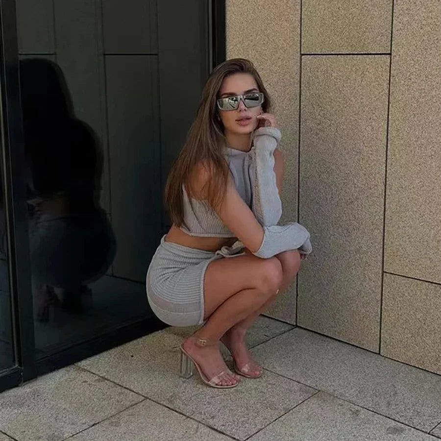 Fall Clothing Women Sexy 3 Pieces Skirts Sets Knitted Long Sleeve Hooded Tops+Skirt Women's Sets-Mesadic