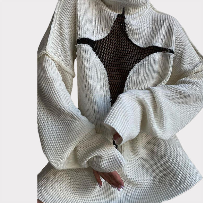 Hollow Out Mesh Knitted Loose Pullover Patchwork Sweater-CALLISTARI