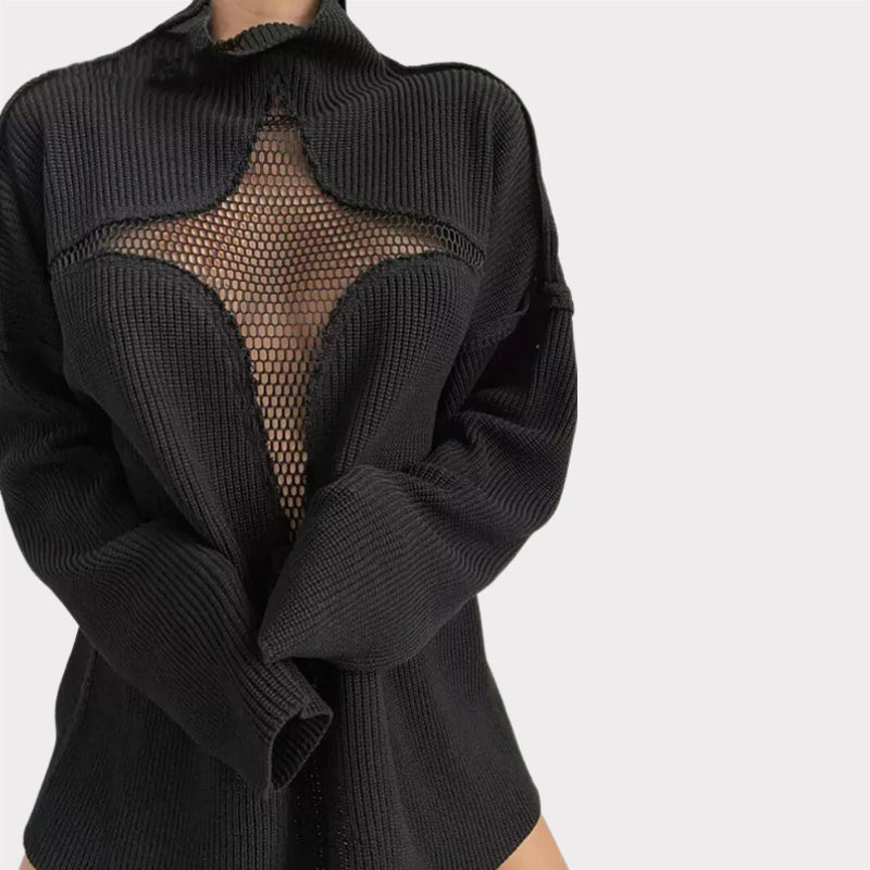 Hollow Out Mesh Knitted Loose Pullover Patchwork Sweater-CALLISTARI