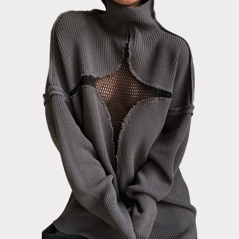 Hollow Out Mesh Knitted Loose Pullover Patchwork Sweater-CALLISTARI