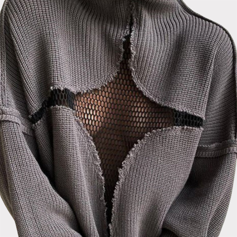 Hollow Out Mesh Knitted Loose Pullover Patchwork Sweater-CALLISTARI