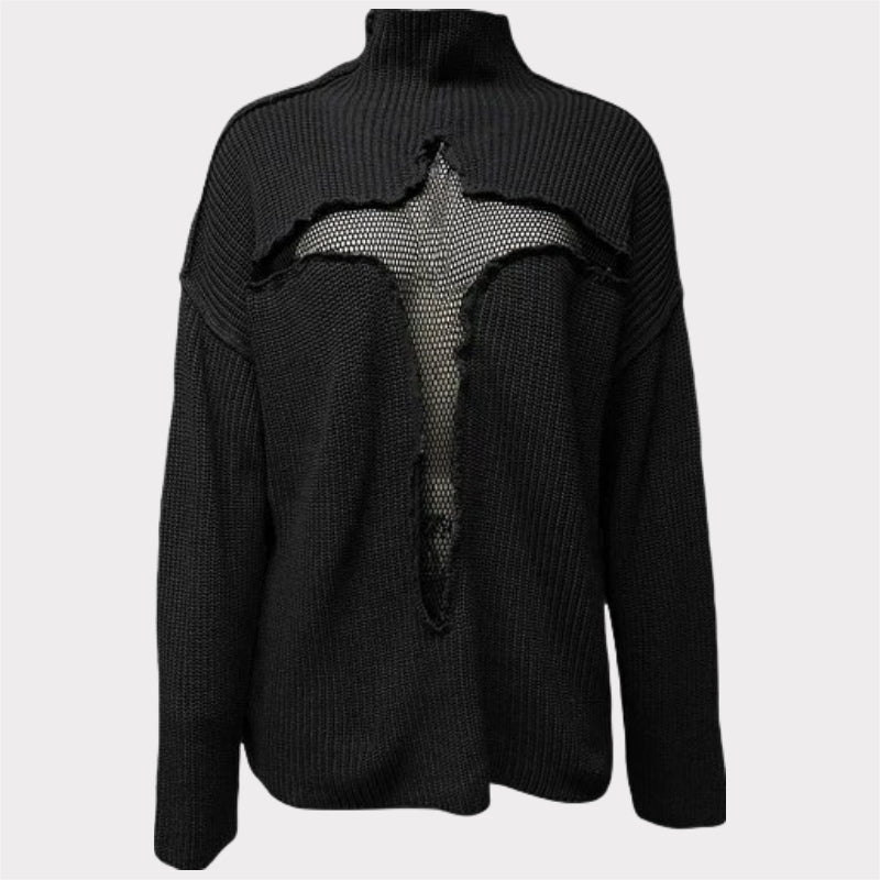 Hollow Out Mesh Knitted Loose Pullover Patchwork Sweater-CALLISTARI