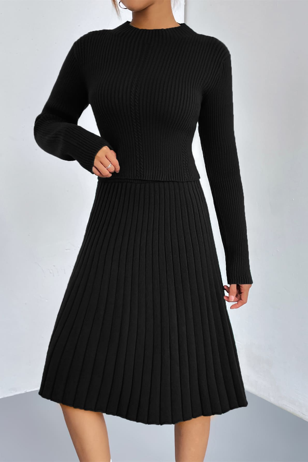 A-Line Knit Sweater Skirt Set-Trafni