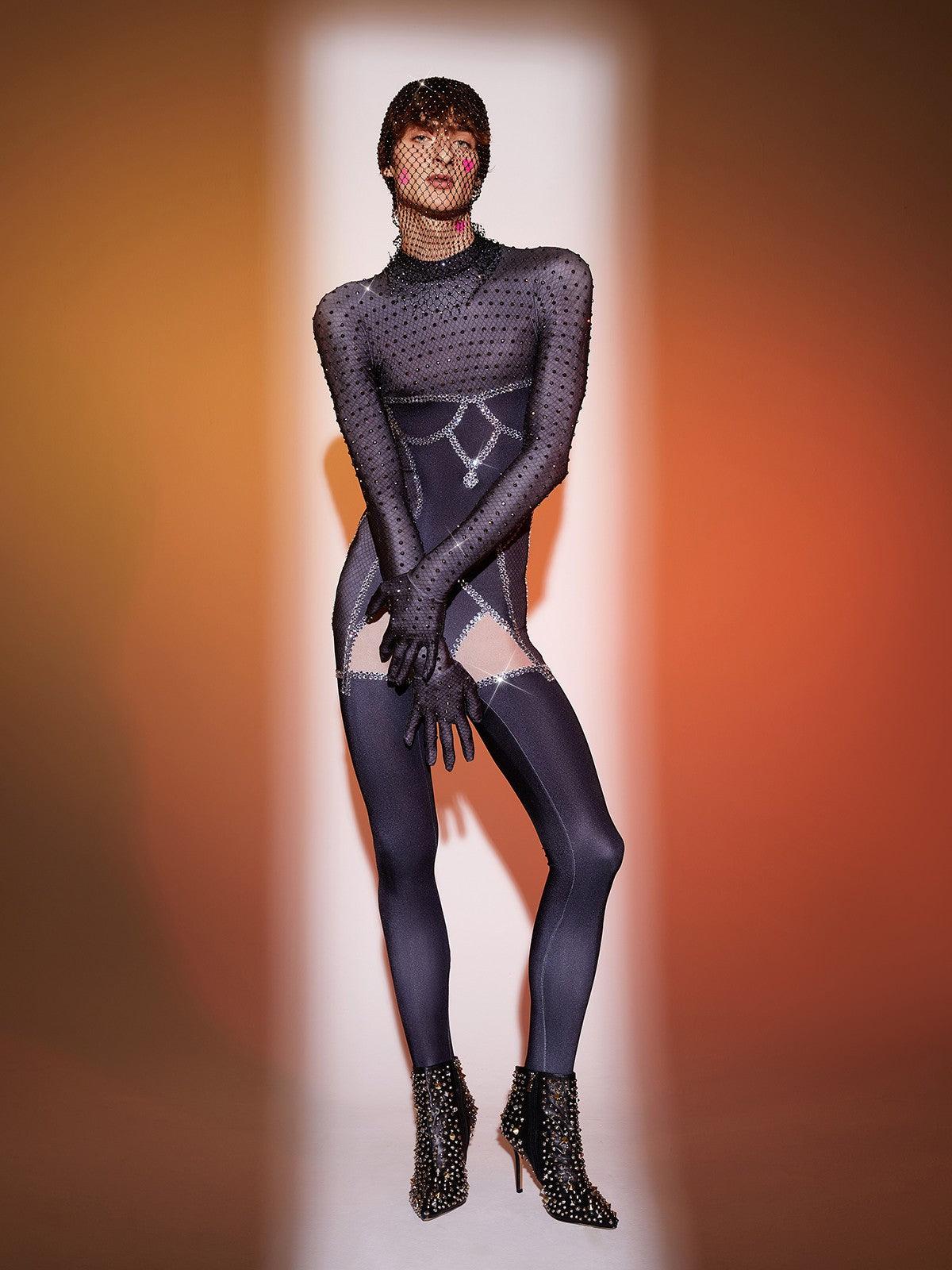 Isaias Body Printed Rhinestone Gloves Jumpsuit - Mew Mews