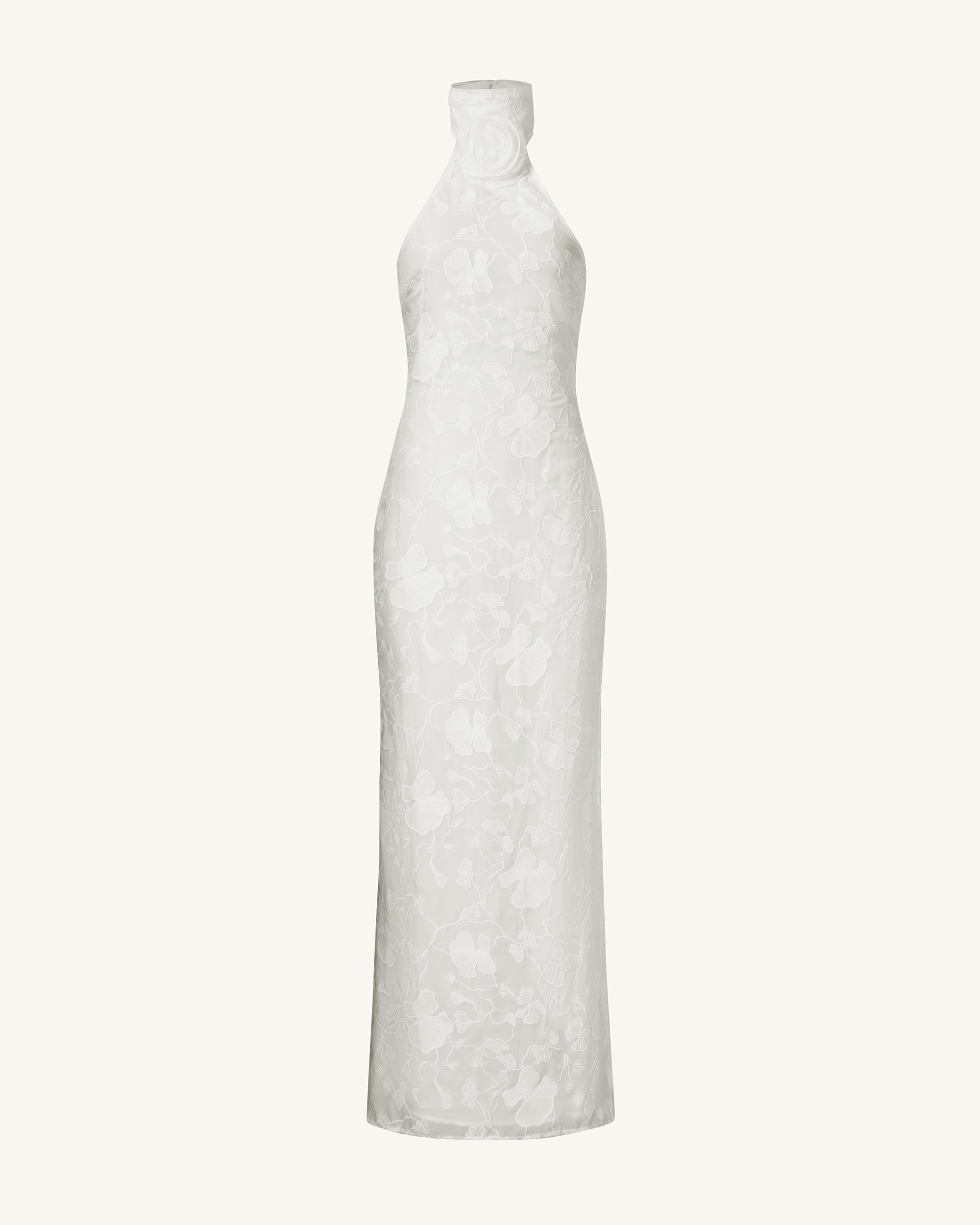 Uliana White Floral Lace Halterneck Maxi Dress - White-Mesadic