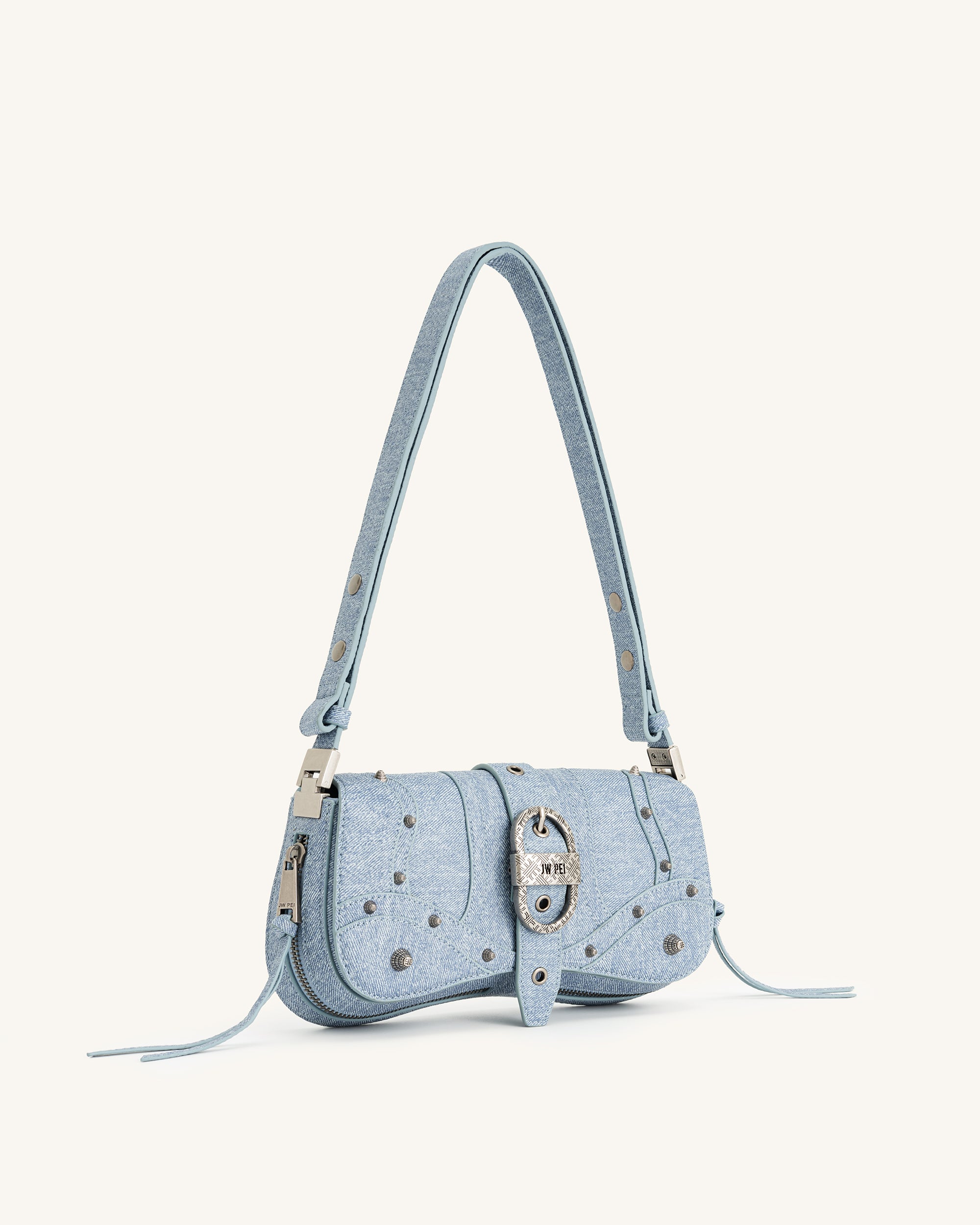 Joy Denim Embossed Curved Shoulder Bag - Blue-Mesadic