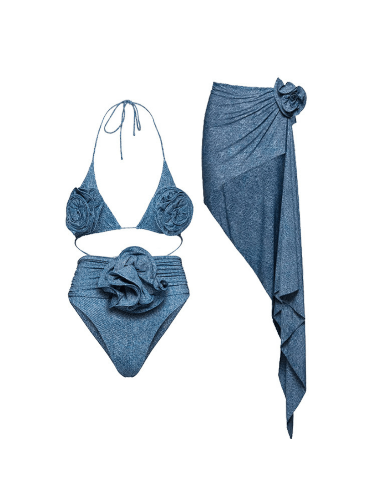Jalise Flower Denim Bikini Three Piece Set - Mew Mews