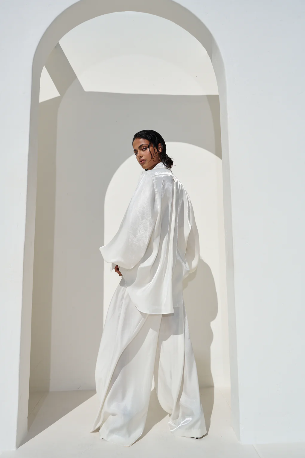 Deep V Neck Shirt Wide Leg Pants Set