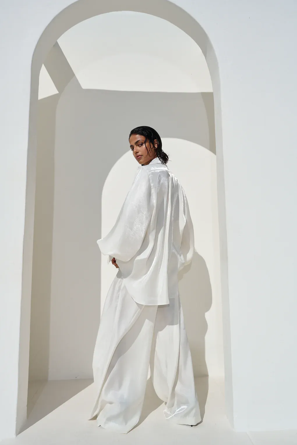 Deep V Neck Shirt Wide Leg Pants Set