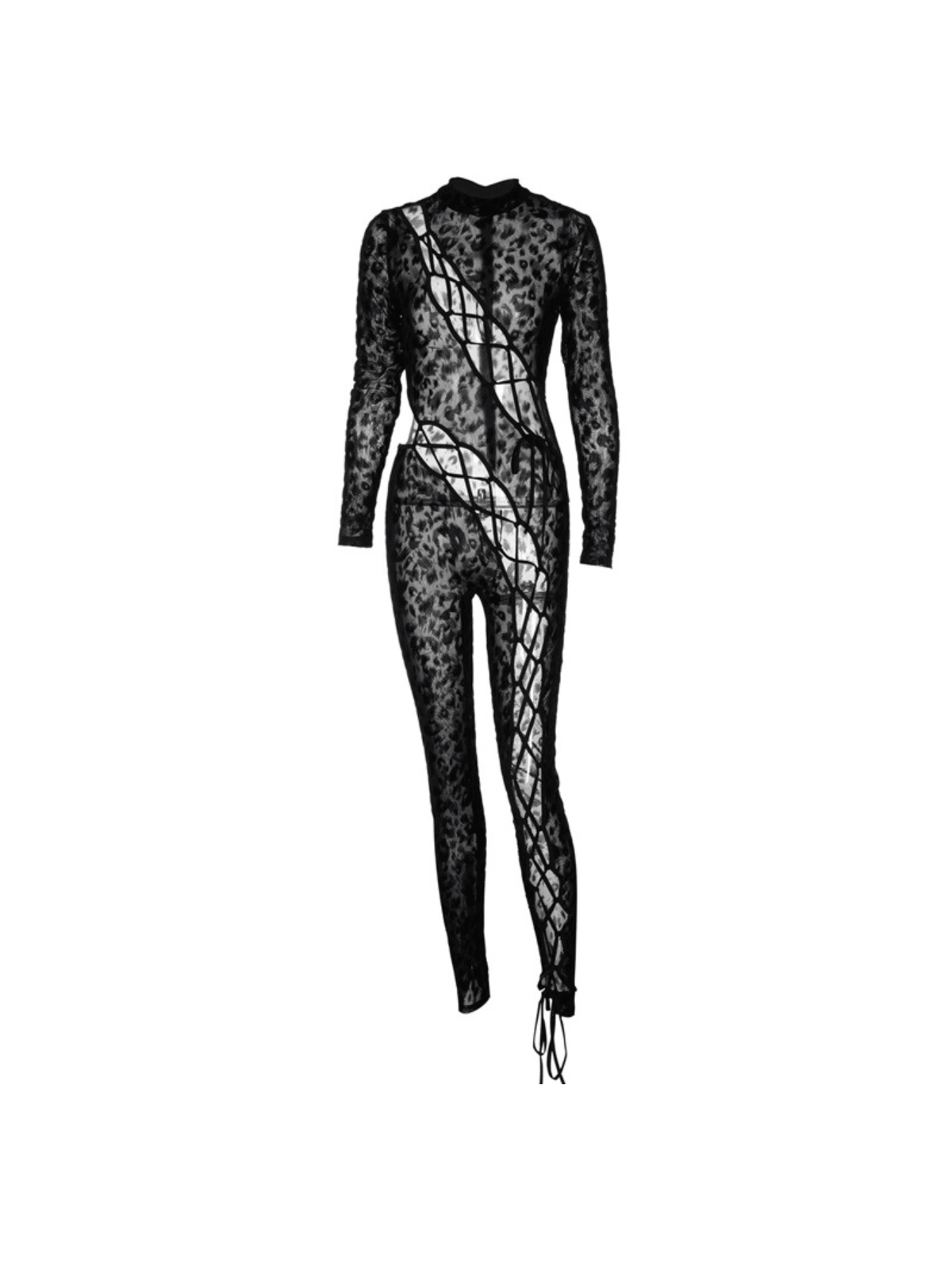 Bopo Lace Up Leopard Printed Mesh Jumpsuit-Mesadic
