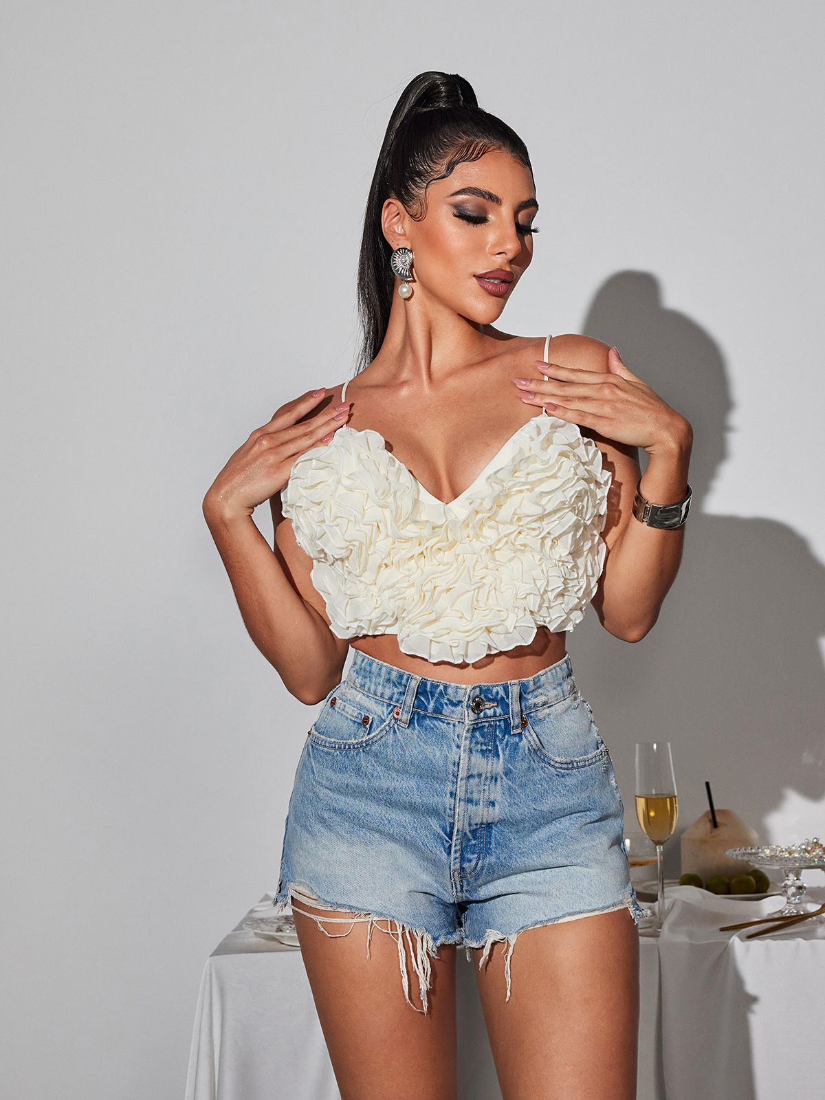 Laurelin Spaghetti Heart Ruffle Top In Beige-Mesadic