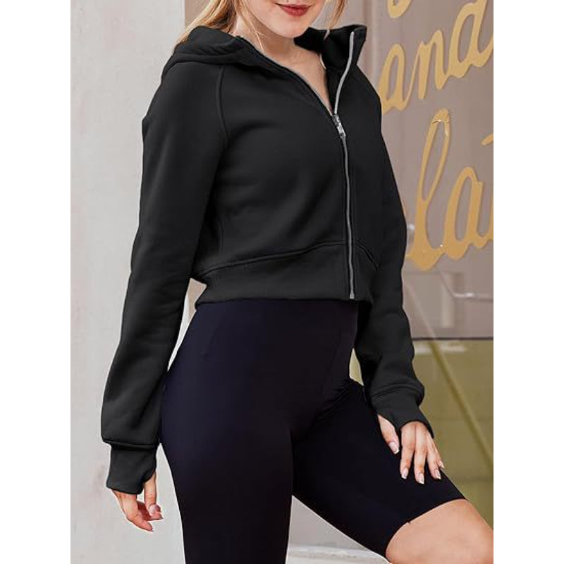 Long Sleeve Casual Velvet Zipper Short Sweatshirt Hoodie-CALLISTARI