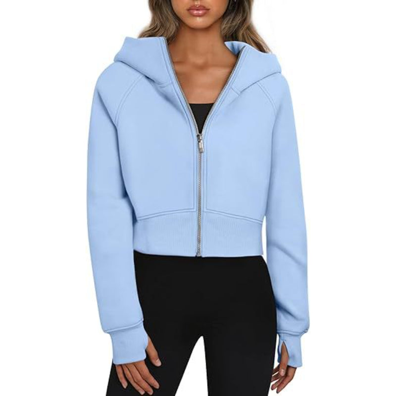 Long Sleeve Casual Velvet Zipper Short Sweatshirt Hoodie-CALLISTARI