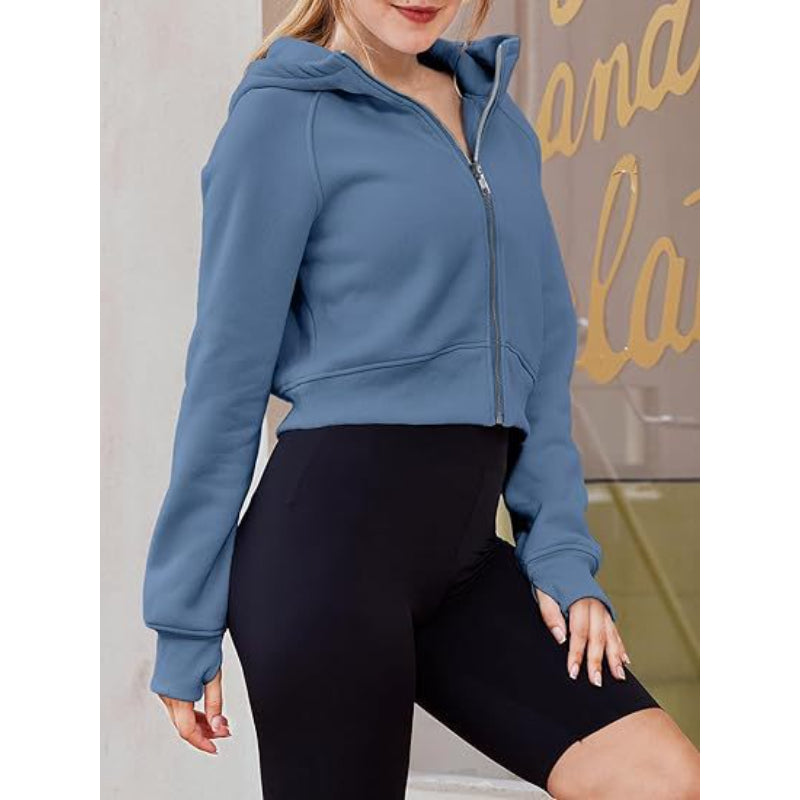 Long Sleeve Casual Velvet Zipper Short Sweatshirt Hoodie-CALLISTARI