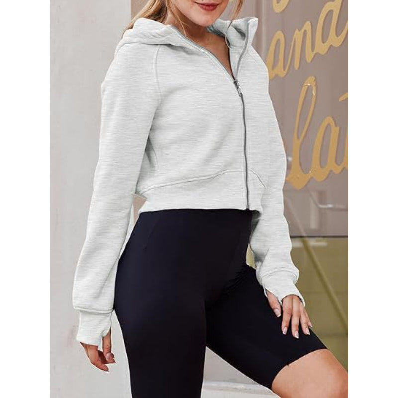 Long Sleeve Casual Velvet Zipper Short Sweatshirt Hoodie-CALLISTARI