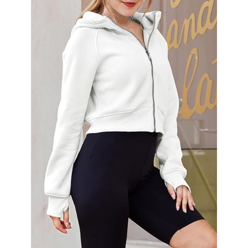 Long Sleeve Casual Velvet Zipper Short Sweatshirt Hoodie-CALLISTARI