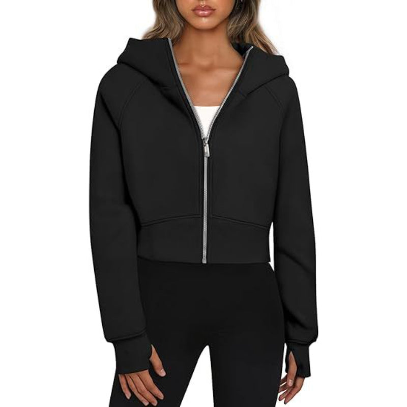 Long Sleeve Casual Velvet Zipper Short Sweatshirt Hoodie-CALLISTARI